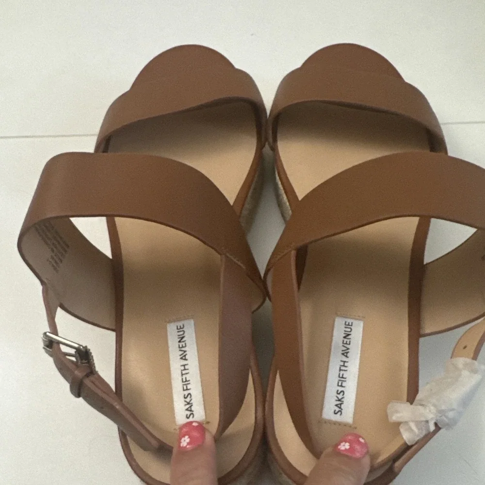 Women's 10.5 M Saks Fifth Avenue Fran Brown Leather Espadrille Sandals Slingback